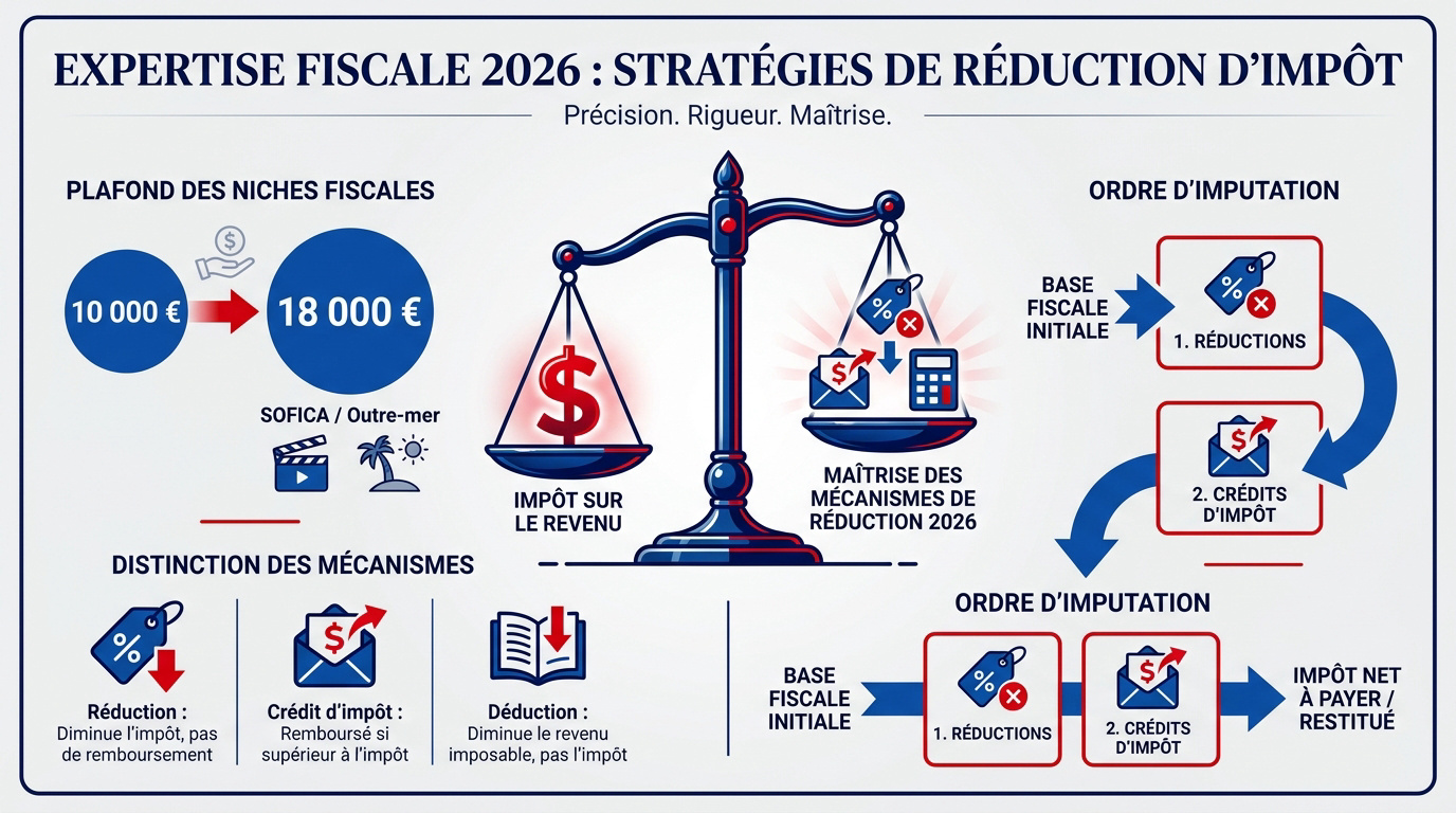 Graphique illustrant les mécanismes de réduction fiscale et le plafonnement des niches pour 2026