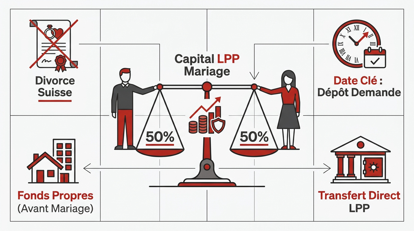 Représentation du partage équitable des avoirs de prévoyance professionnelle LPP lors d'un divorce en Suisse