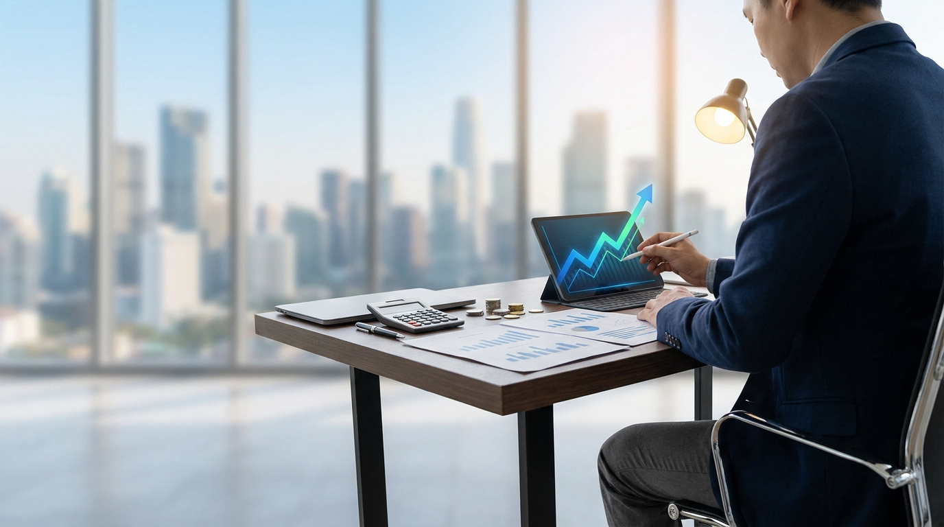 Homme d'affaires analysant des graphiques de croissance financière sur une tablette face à une vue panoramique urbaine.