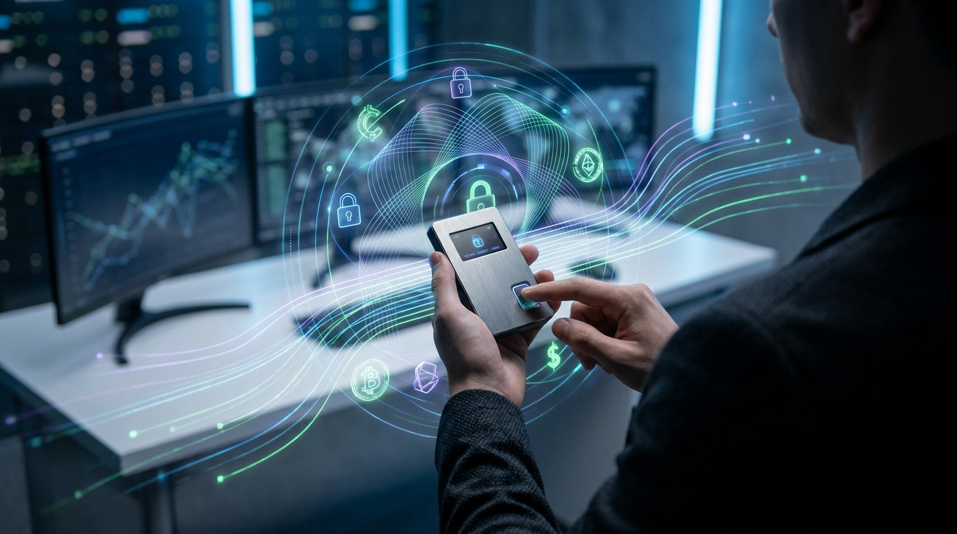Un utilisateur sécurise un portefeuille matériel crypto avec une interface holographique futuriste de protection.