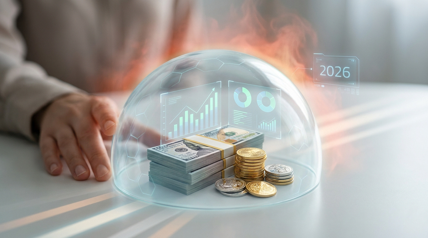Des liasses de billets et pièces sous une coupole protectrice entourée de flammes symbolisant la protection financière.