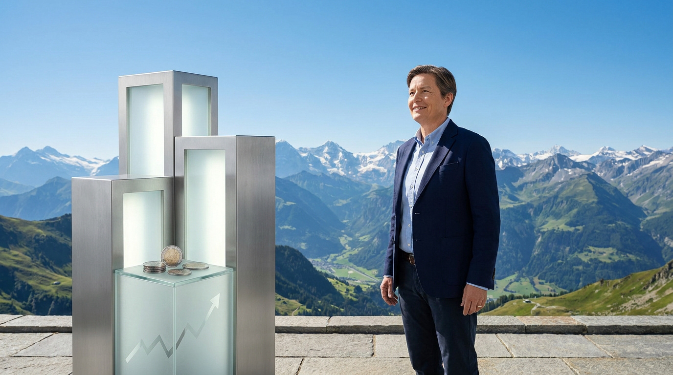 Un homme en costume devant trois structures représentant les piliers de retraite avec en arrière-plan les Alpes suisses.
