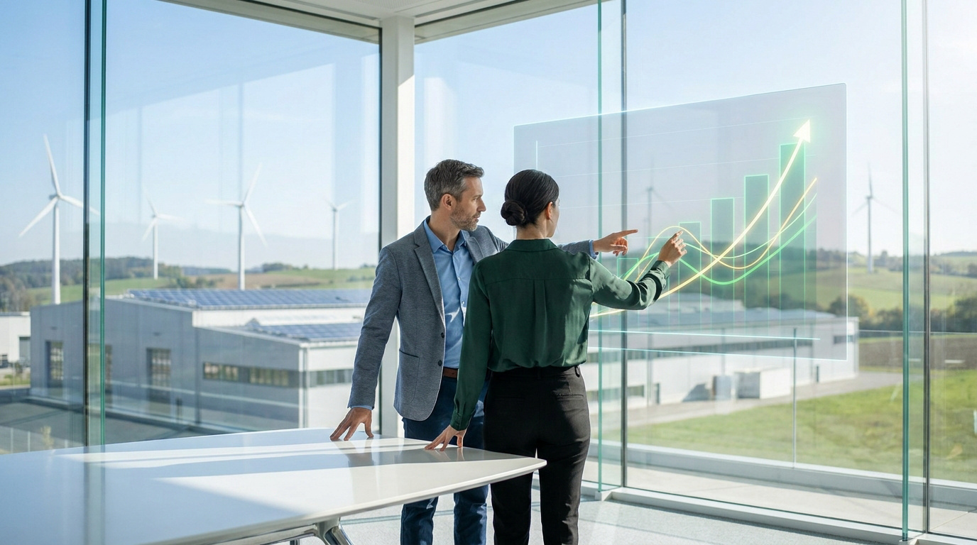 Deux professionnels analysent un graphique financier holographique montrant une croissance devant un parc éolien.