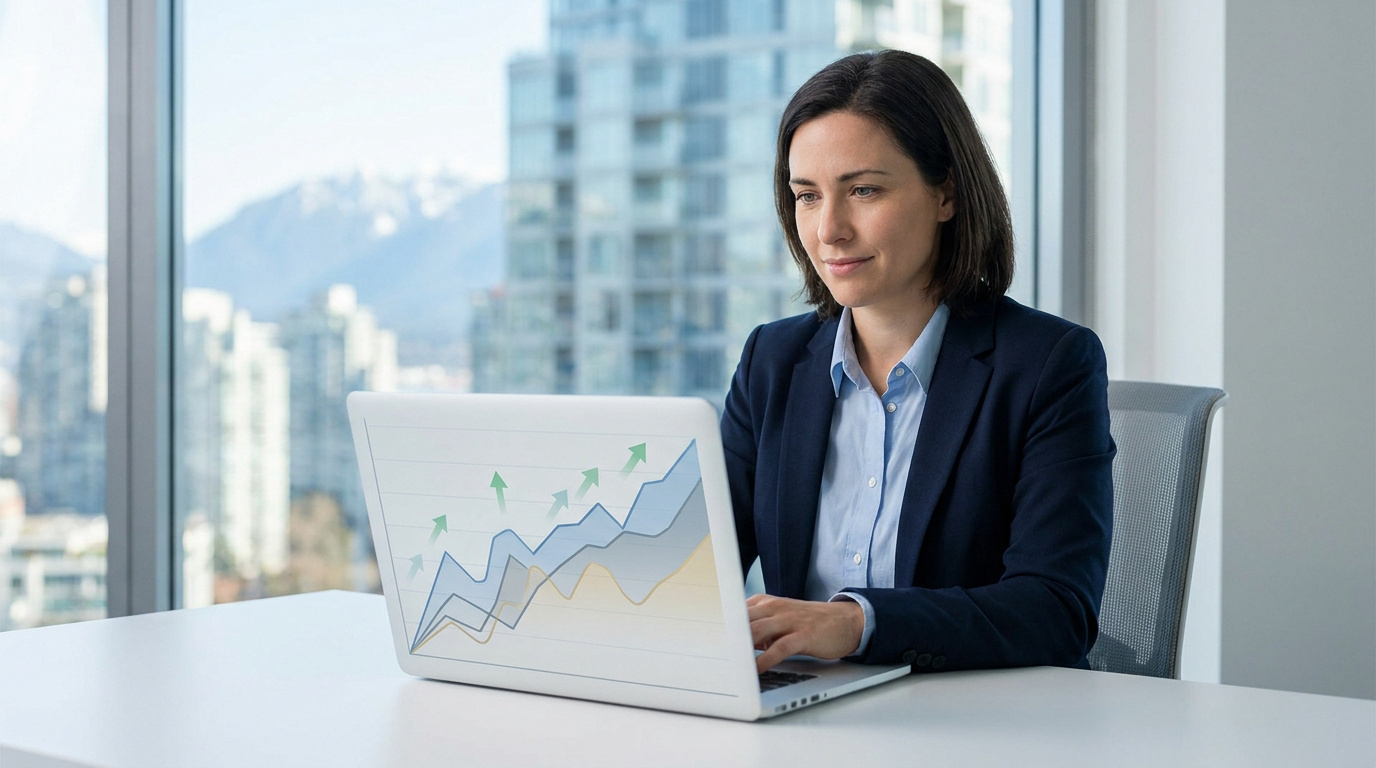 Femme d'affaires travaillant sur un ordinateur affichant un graphique de croissance devant une fenêtre avec vue urbaine.