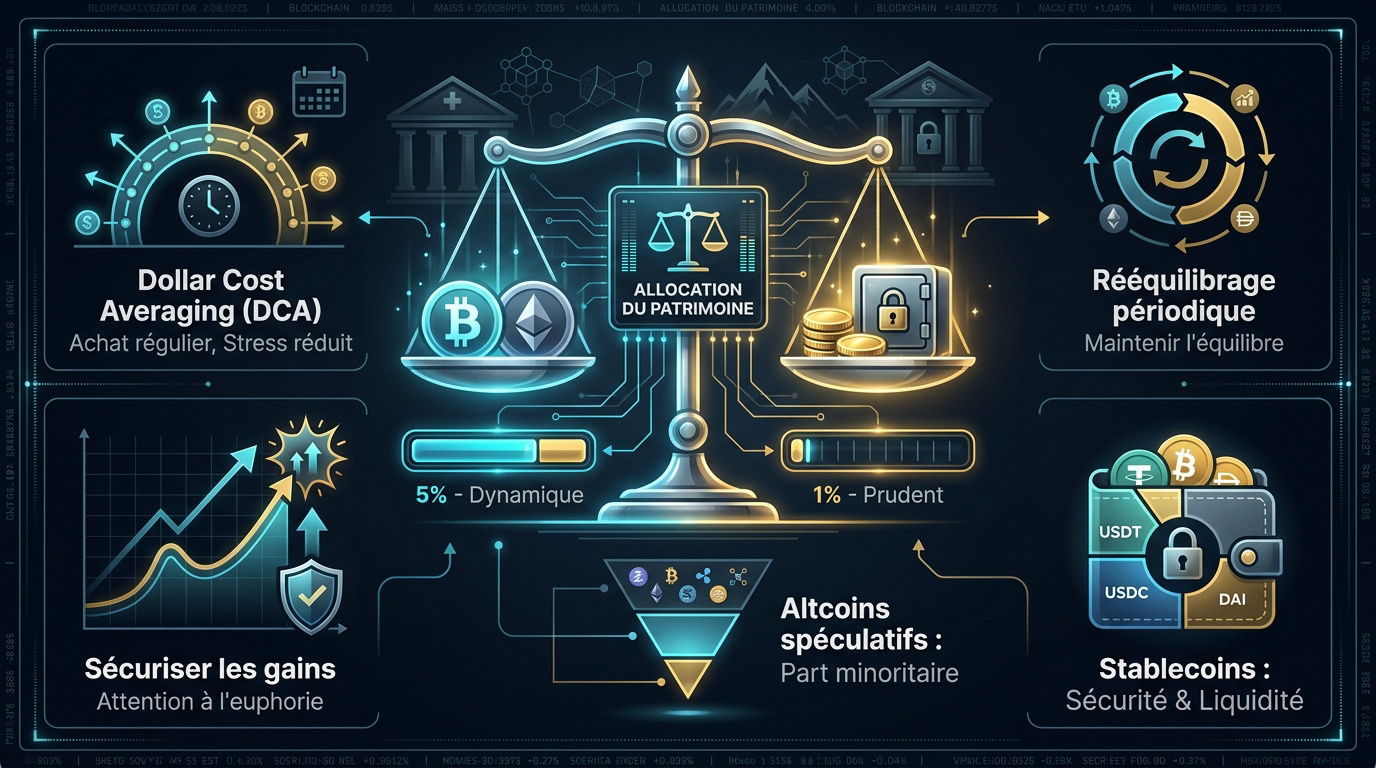 Graphique d'allocation d'actifs financiers incluant les cryptomonnaies pour la gestion de patrimoine en Suisse