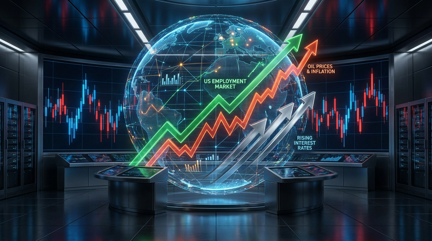 Un centre de contrôle futuriste affichant des graphiques boursiers, un globe numérique et des flèches de tendance haussière.