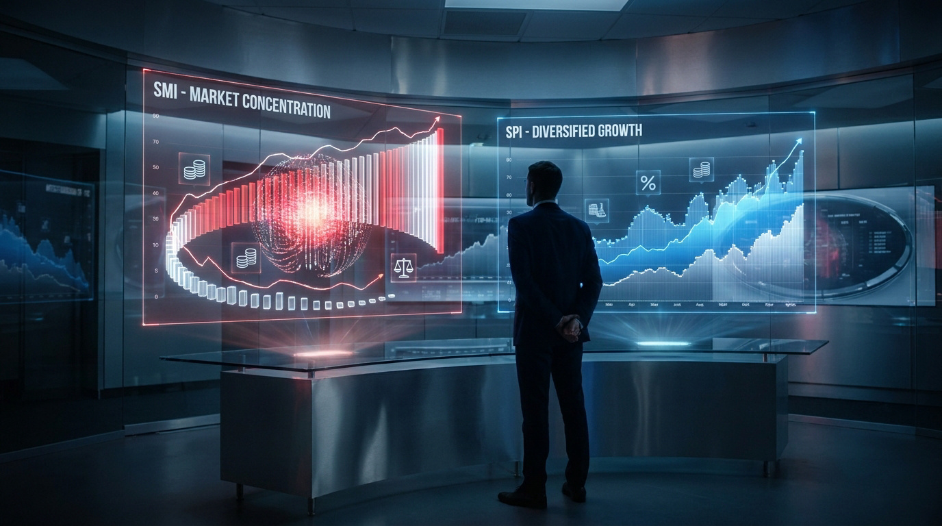 Un investisseur regarde des graphiques financiers holographiques affichant la concentration du SMI et la croissance du SPI.