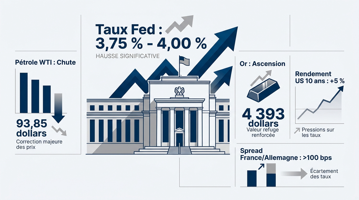 Graphique de l'analyse financière incluant les taux de la Fed, les cours du pétrole, de l'or et des obligations