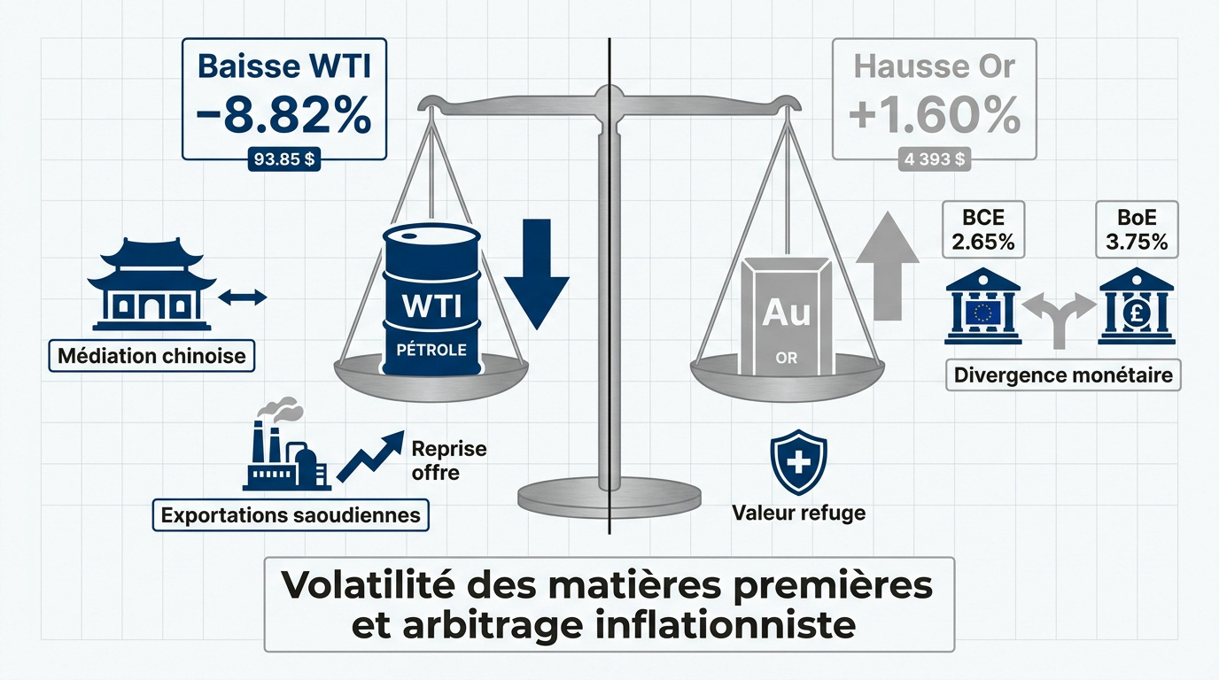 Comparaison graphique entre la volatilité du pétrole WTI et la progression de l'or comme valeur refuge