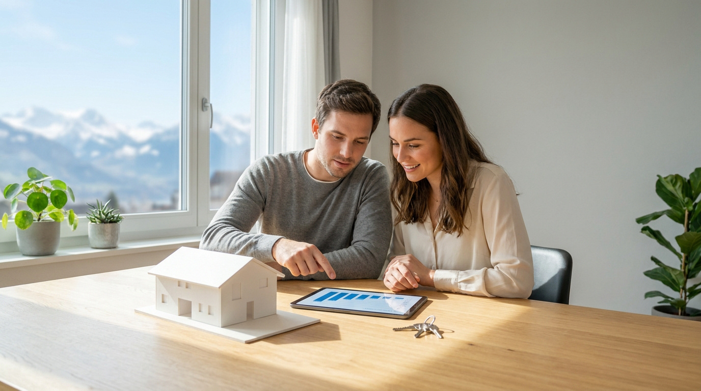 Un jeune couple examine une tablette devant une maquette de maison avec des montagnes en arrière-plan.