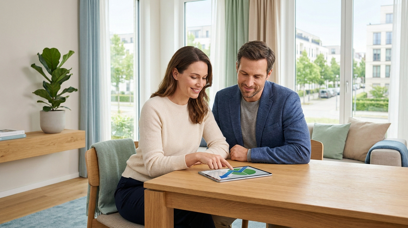 Couple suisse souriant consultant un graphique financier sur une tablette dans un intérieur lumineux.