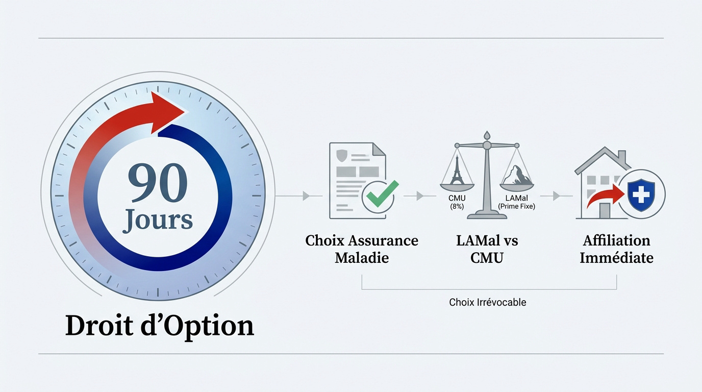 Schéma explicatif du délai de 90 jours pour le droit d'option assurance frontalier