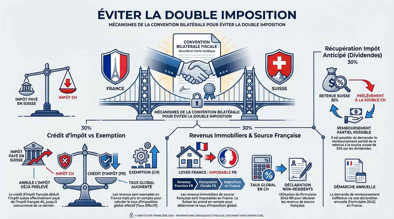 Schéma explicatif de la convention fiscale franco-suisse pour éviter la double imposition