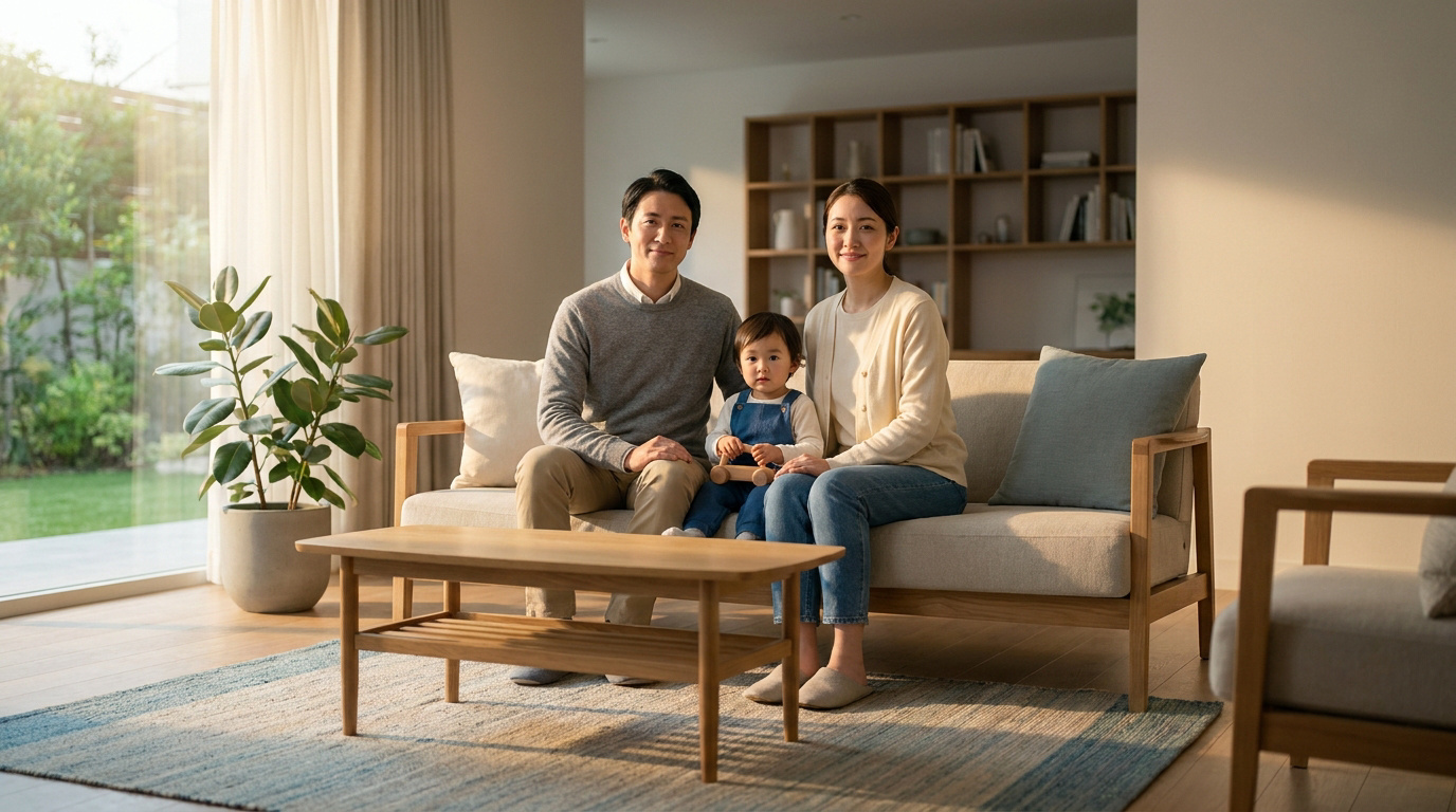 Jeune famille japonaise souriante assise sur un canapé dans un salon moderne et lumineux.