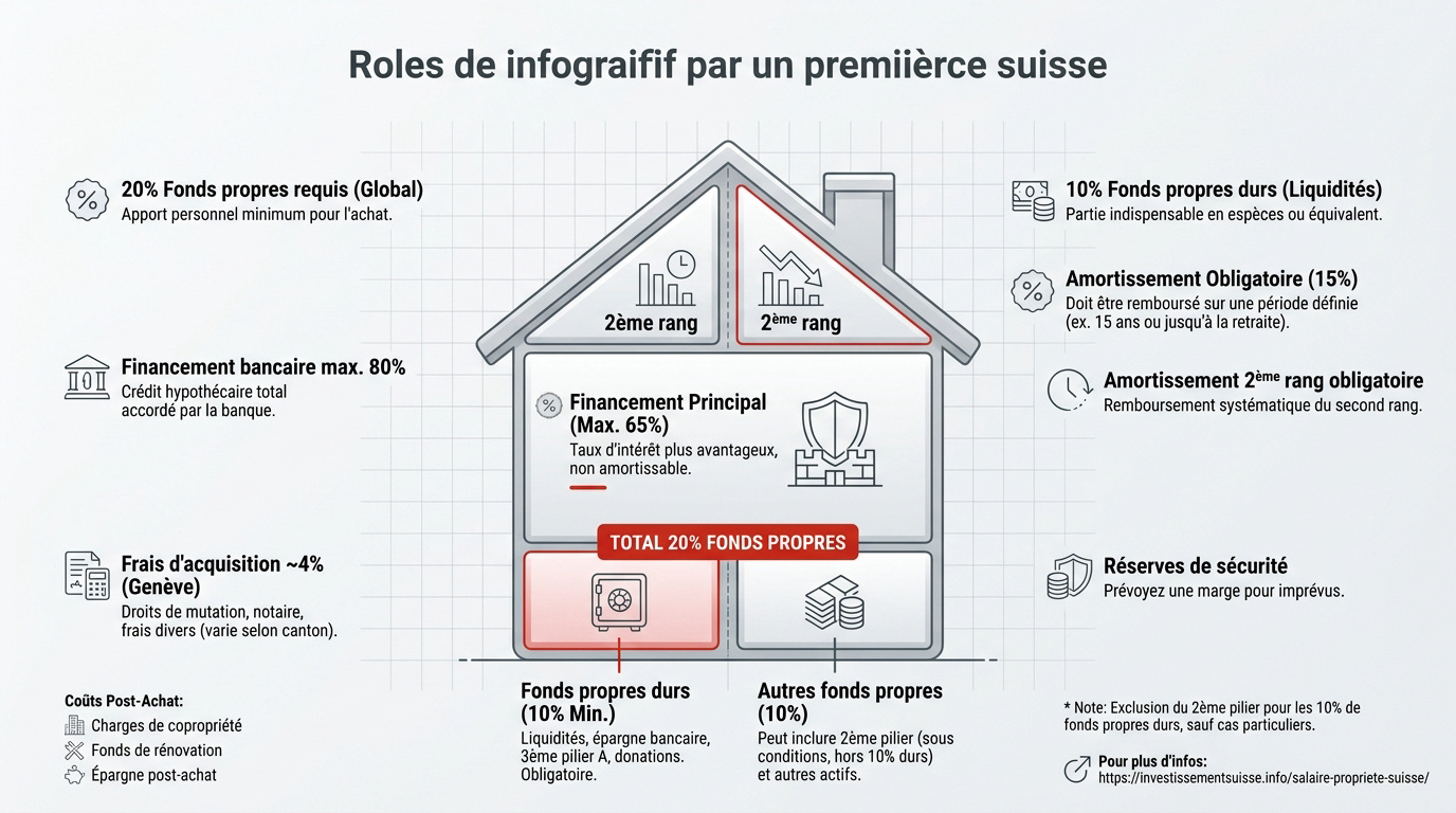 Schéma explicatif du financement hypothécaire en Suisse avec les fonds propres et les deux rangs