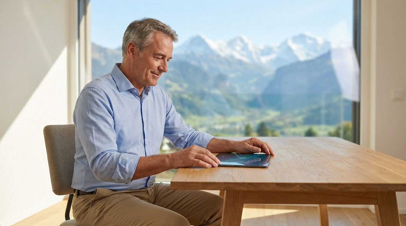 Un homme mûr utilise une tablette sur une table en bois avec une vue panoramique sur les montagnes suisses en arrière.