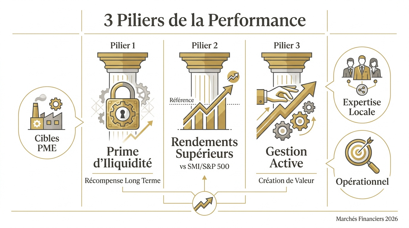Graphique illustrant les leviers de performance et la prime d'illiquidité en Private Equity