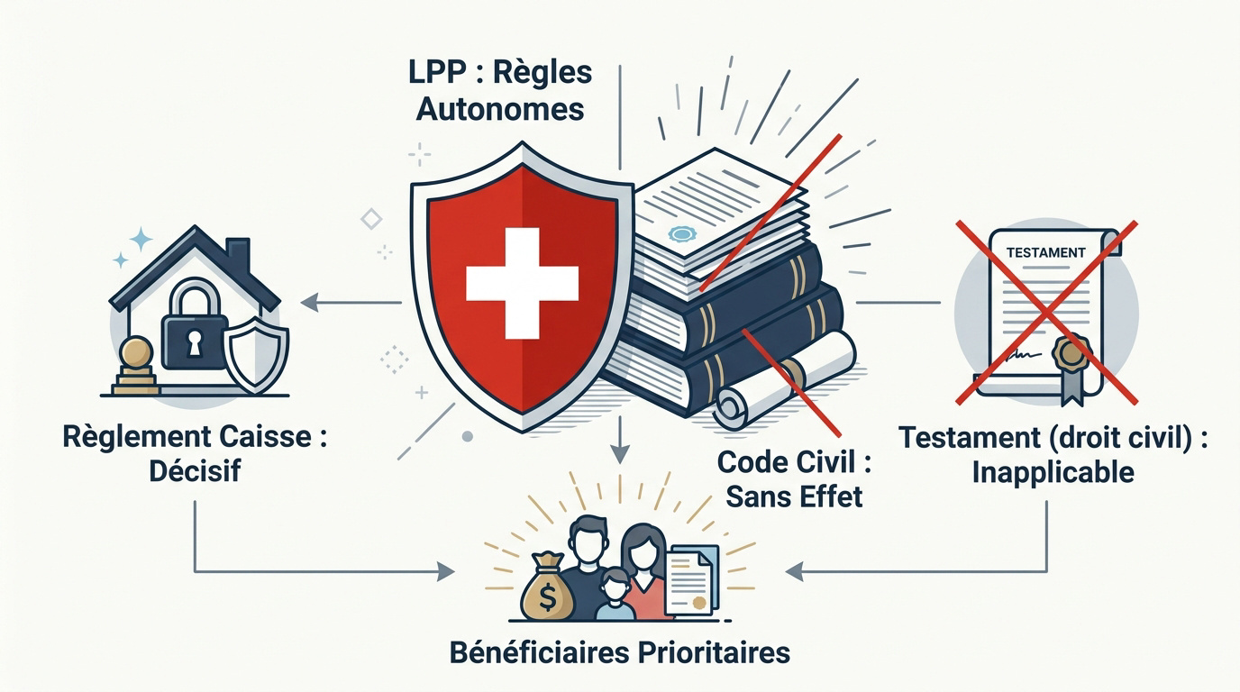 Schéma expliquant la hiérarchie des bénéficiaires LPP en Suisse face au droit successoral civil