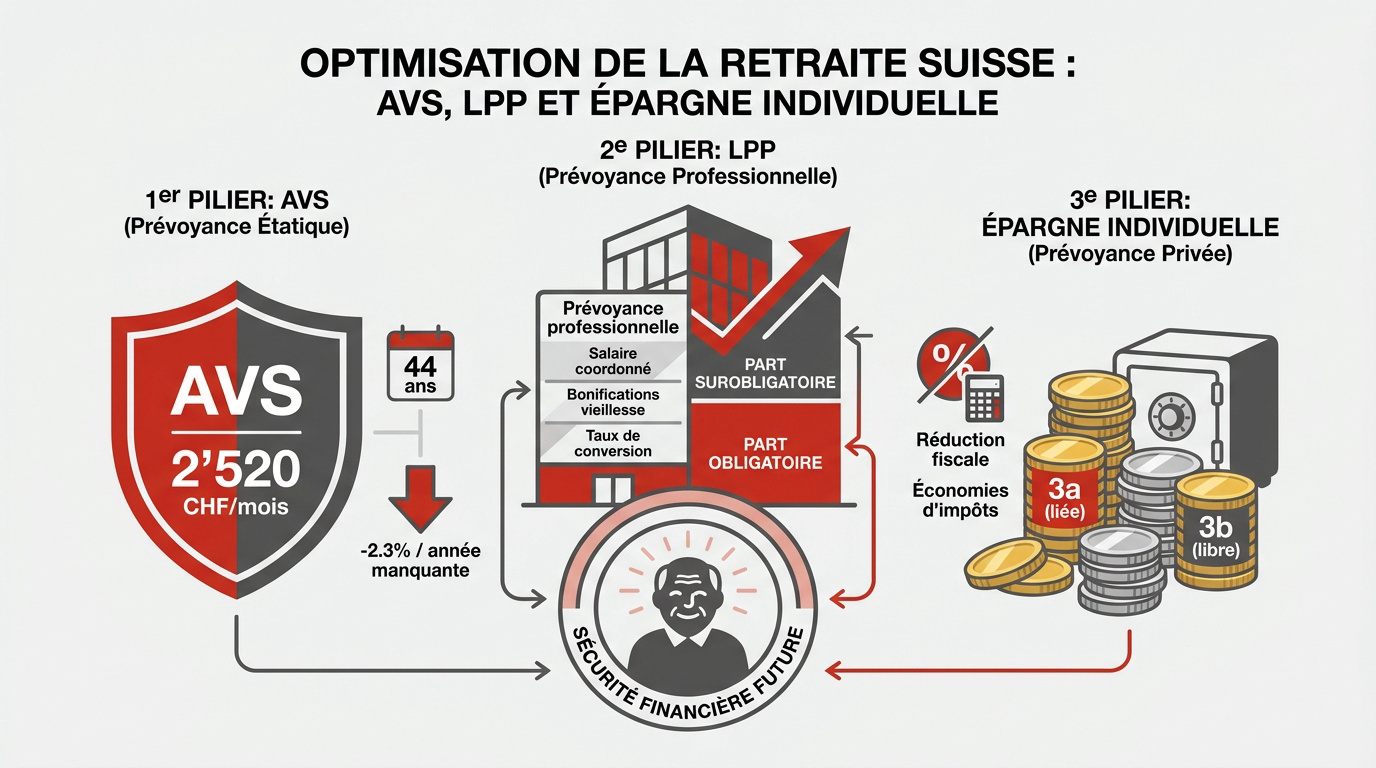 Graphique illustrant l'optimisation des trois piliers de la retraite en Suisse pour sécuriser ses revenus