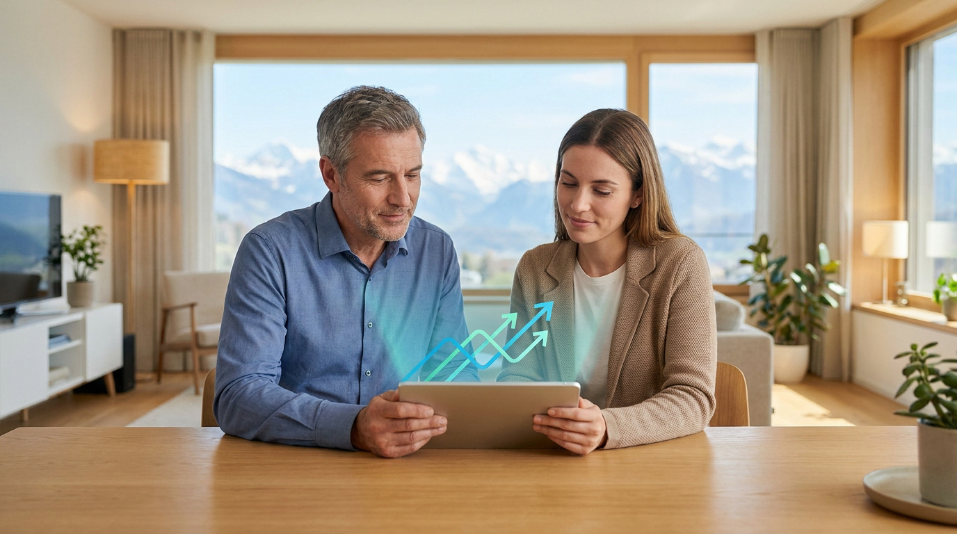 Un homme et une femme regardent une tablette numérique avec des graphiques de croissance en surbrillance bleue.