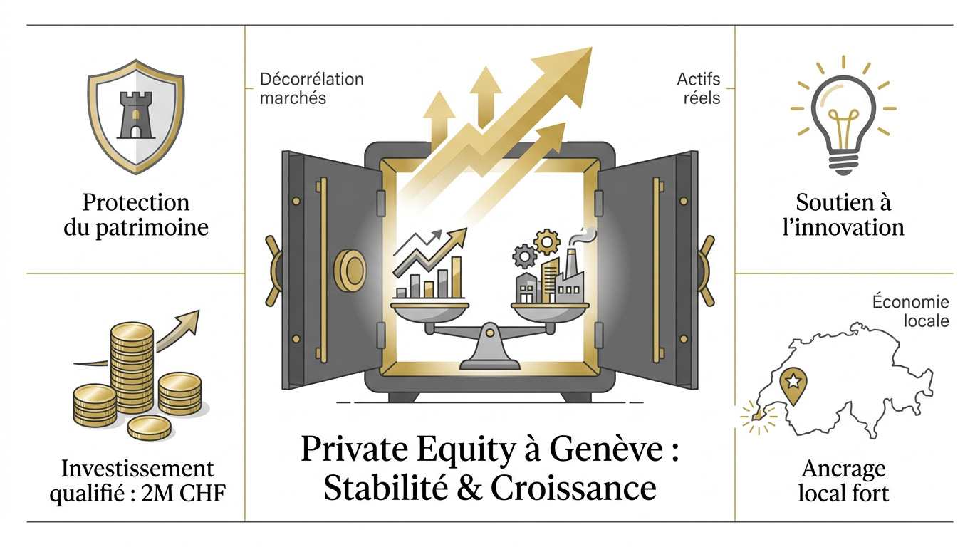 Représentation de la croissance et de la stabilité du private equity à Genève pour investisseurs qualifiés