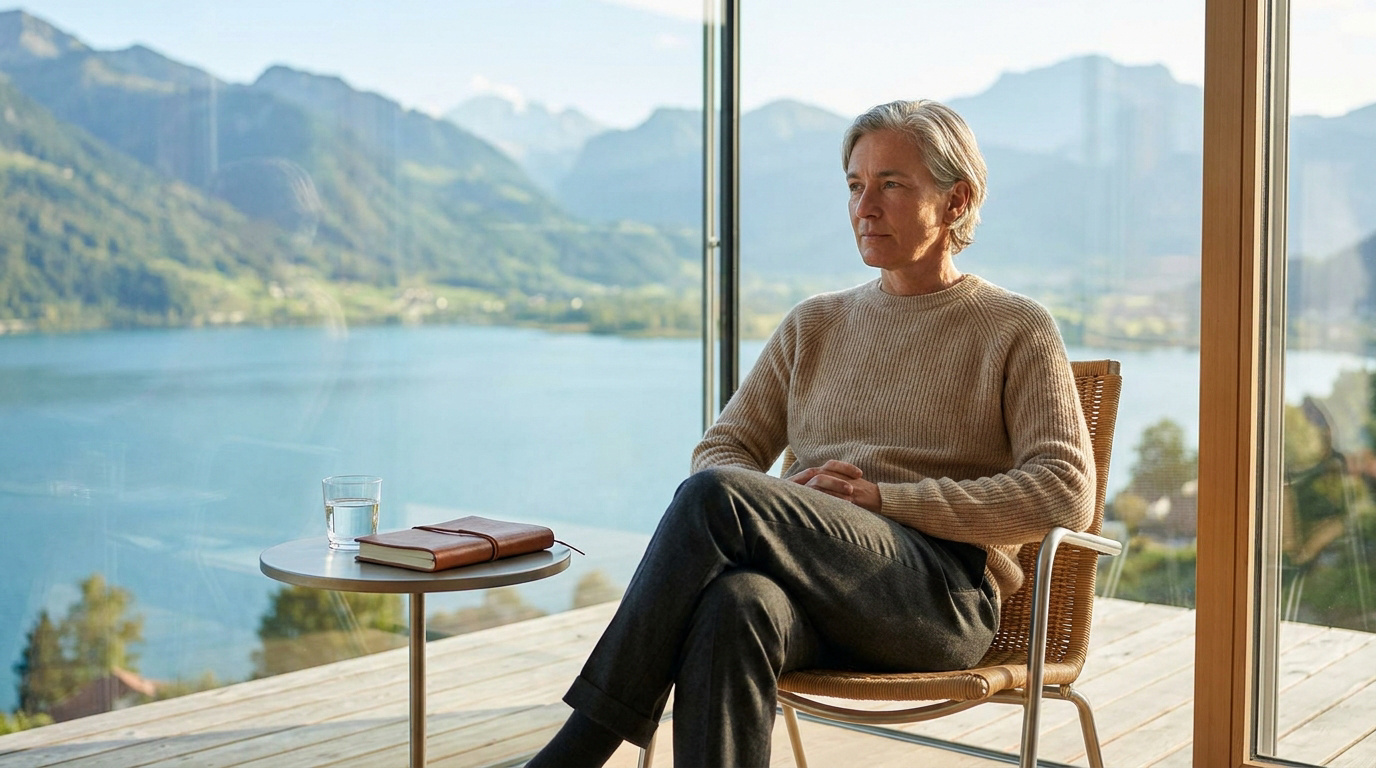 Une femme aux cheveux gris assise paisiblement sur une terrasse avec vue sur un lac et des montagnes.
