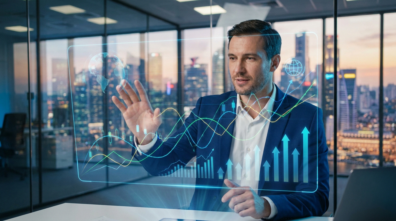 Un analyste financier en costume interagissant avec une interface numérique holographique affichant des graphiques boursiers.