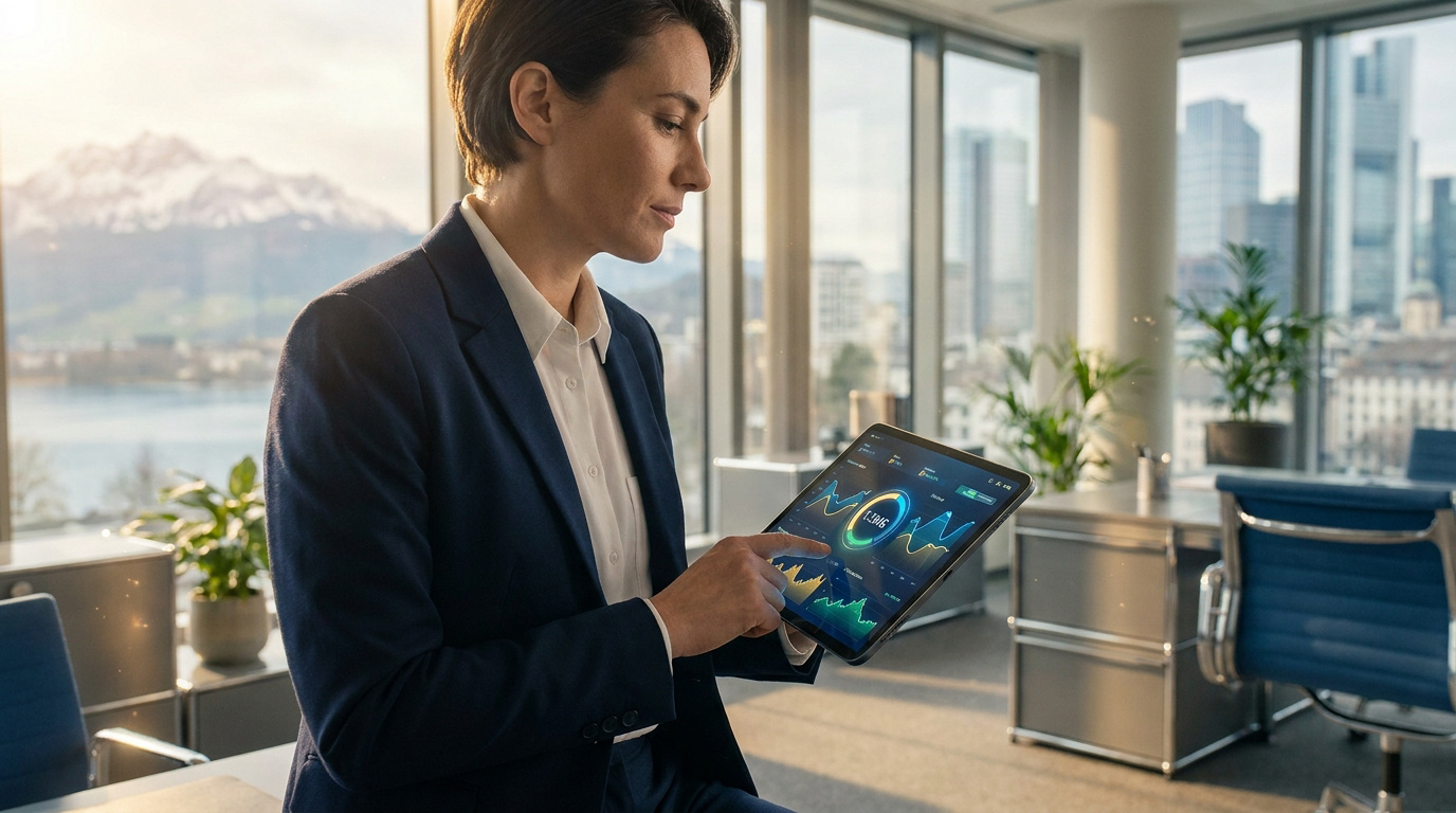 Une femme d'affaires en costume utilisant une tablette avec des graphiques financiers dans un bureau moderne.