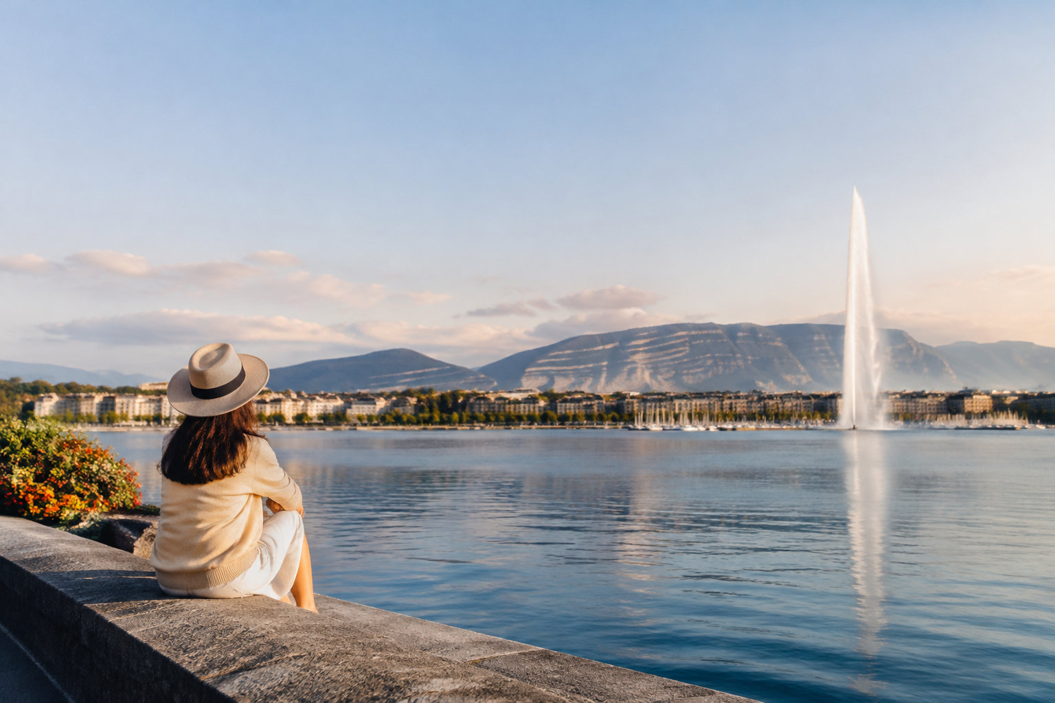 Une femme assise au bord du lac Léman à Genève face au jet d'eau et aux montagnes au coucher du soleil.