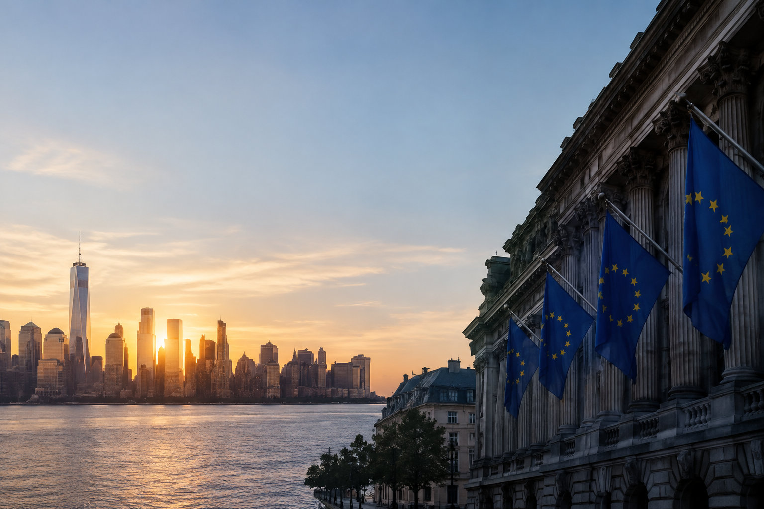 Coucher de soleil sur la skyline de New York avec des drapeaux de l'Union européenne au premier plan.