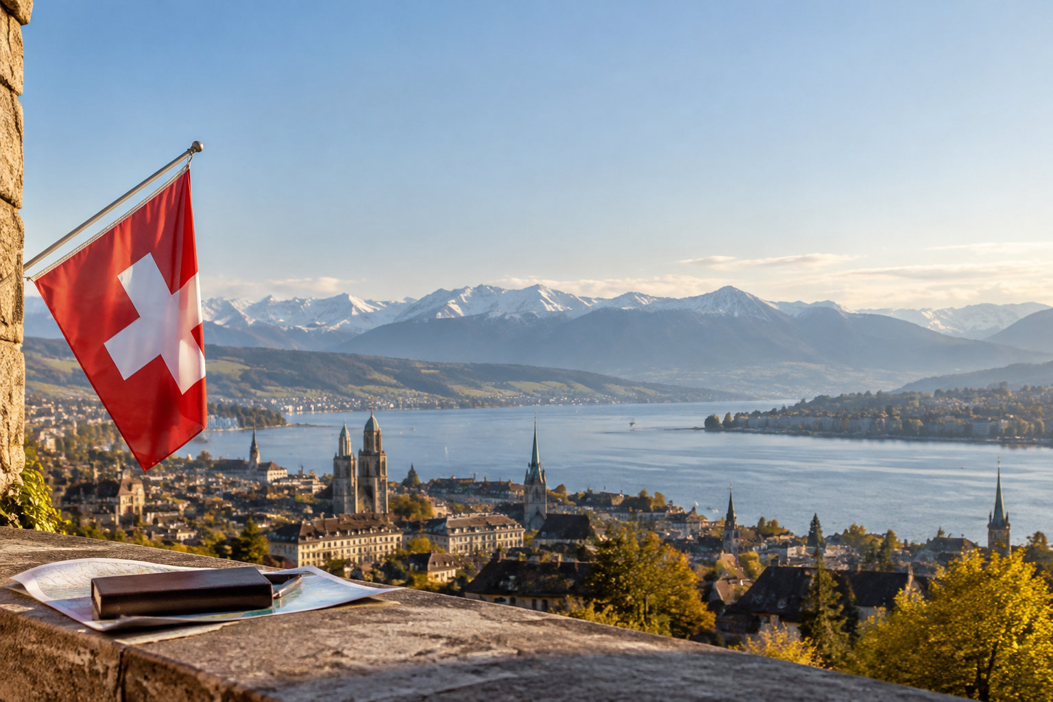Drapeau suisse flottant devant une vue panoramique de Zurich, son lac et les Alpes enneigées en arrière-plan.
