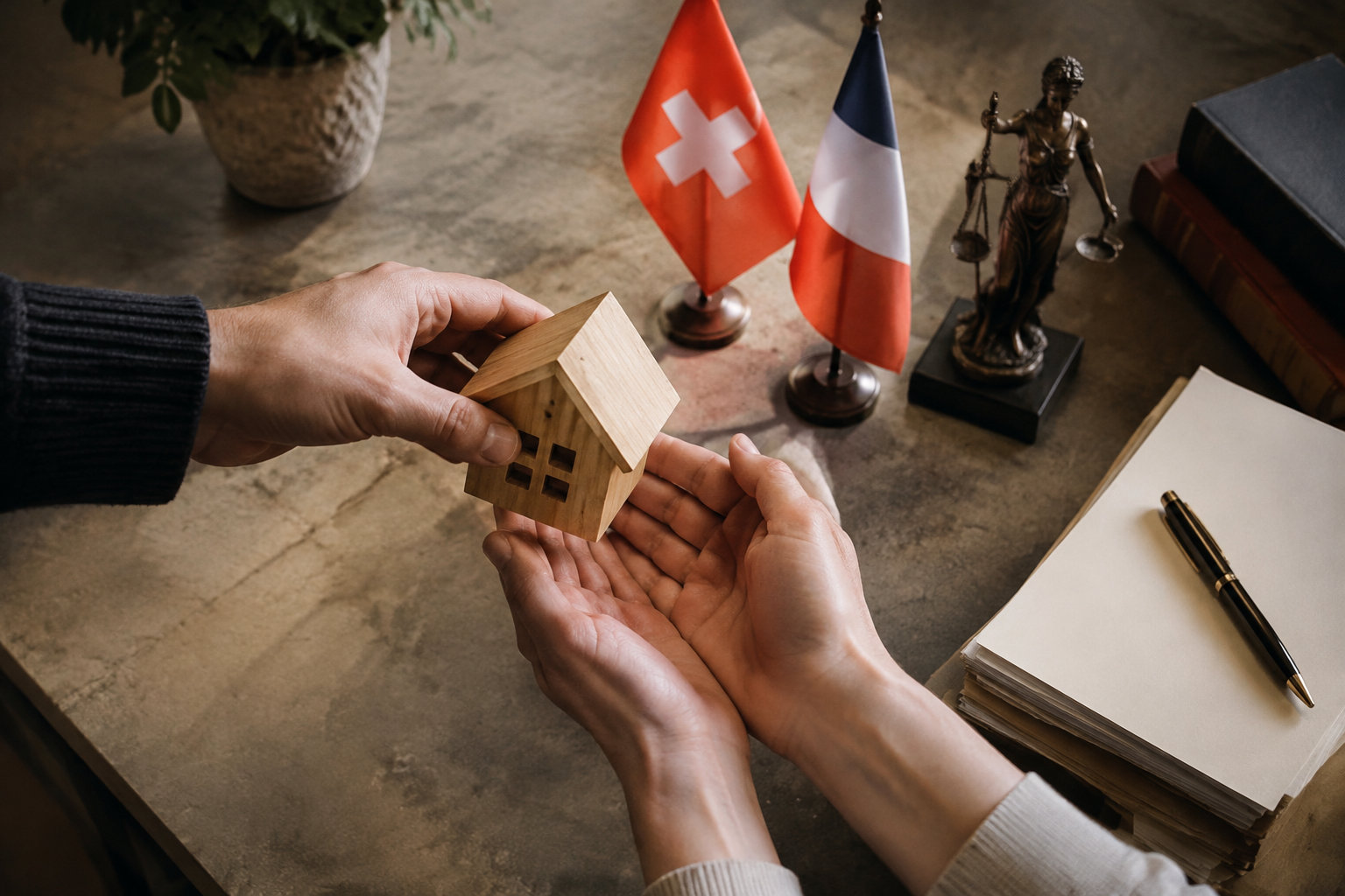 Mains transmettant une maison miniature en bois sur un bureau avec des drapeaux suisse et français et une statue de Thémis.