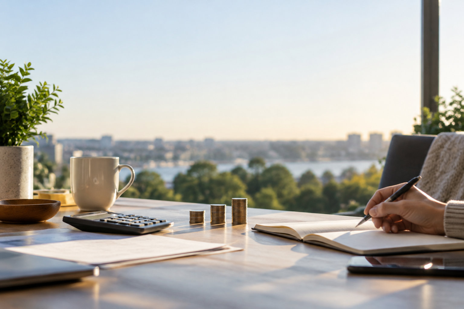 Une personne écrivant dans un carnet avec des pièces de monnaie, une calculatrice et une tasse à café sur un bureau.