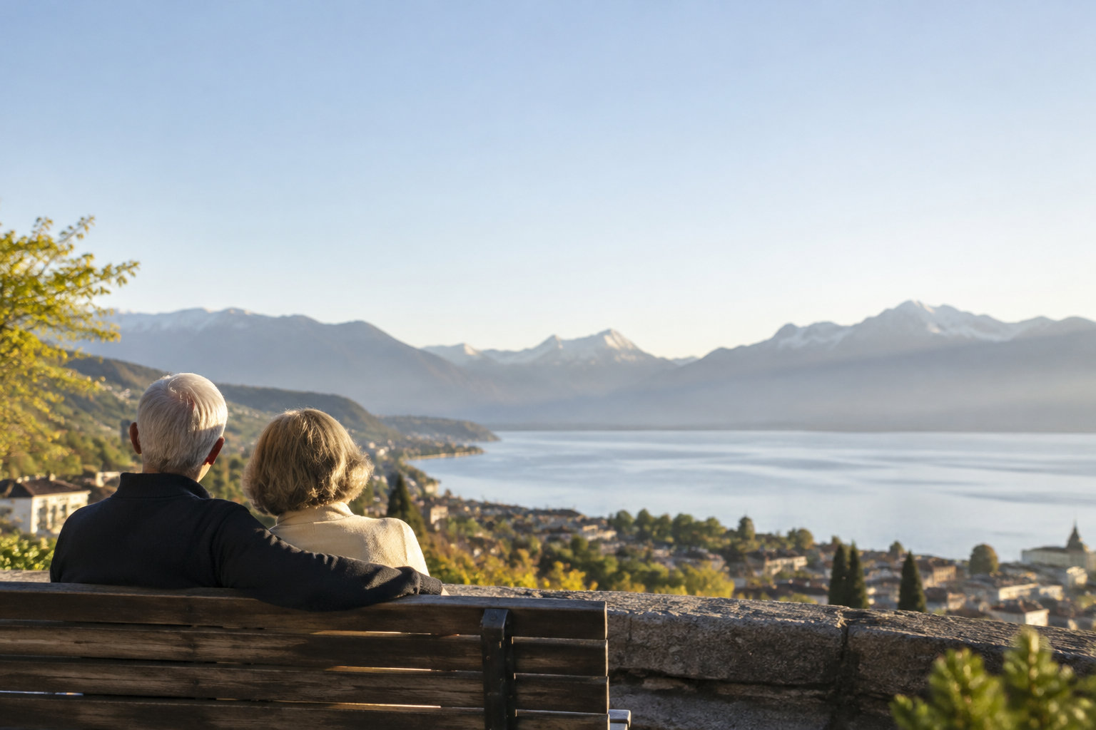 Un couple de seniors assis sur un banc face au lac Léman et aux Alpes suisses sous un soleil radieux.