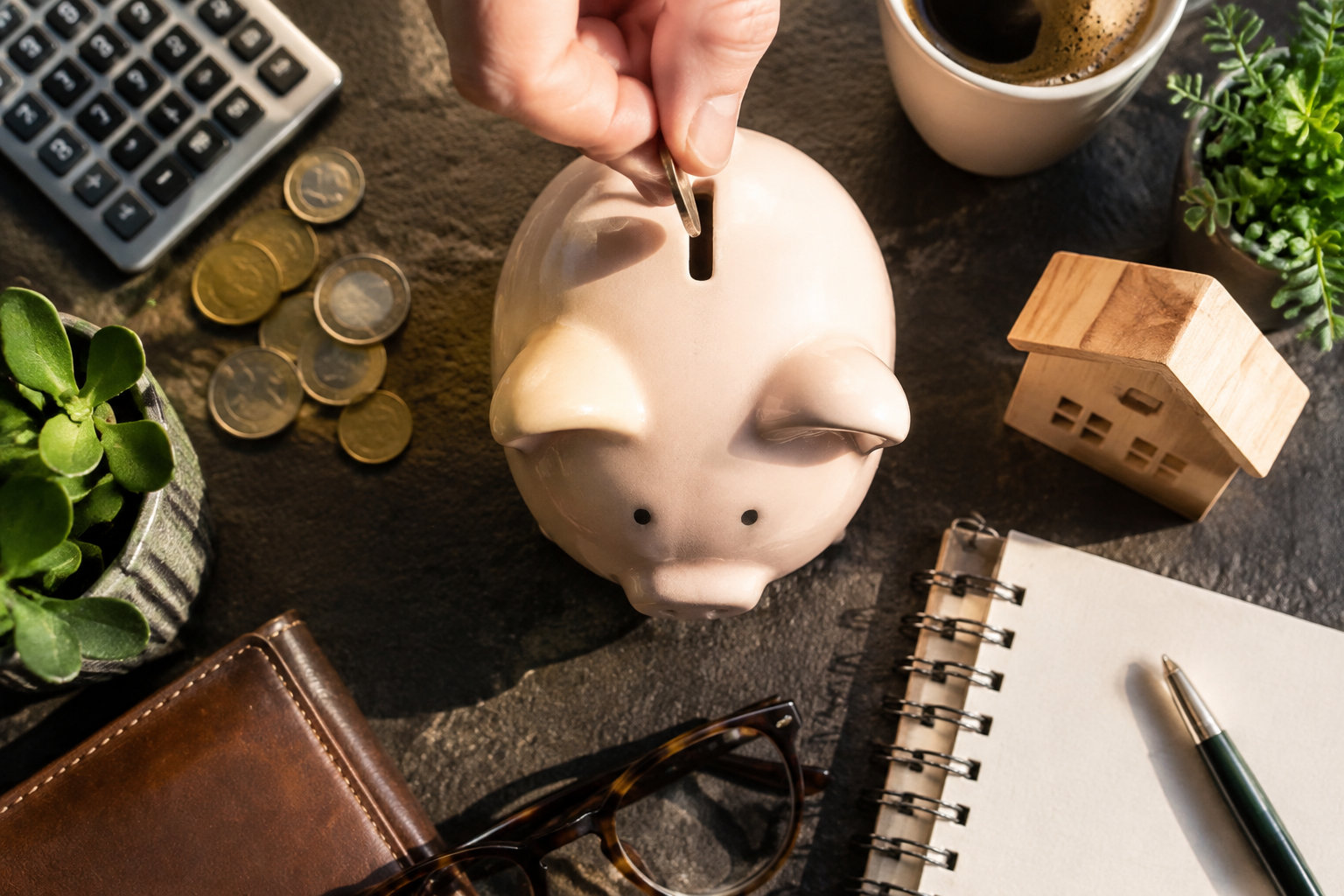 Une main insère une pièce dans une tirelire cochon sur un bureau avec des pièces, une calculatrice et une maison miniature.