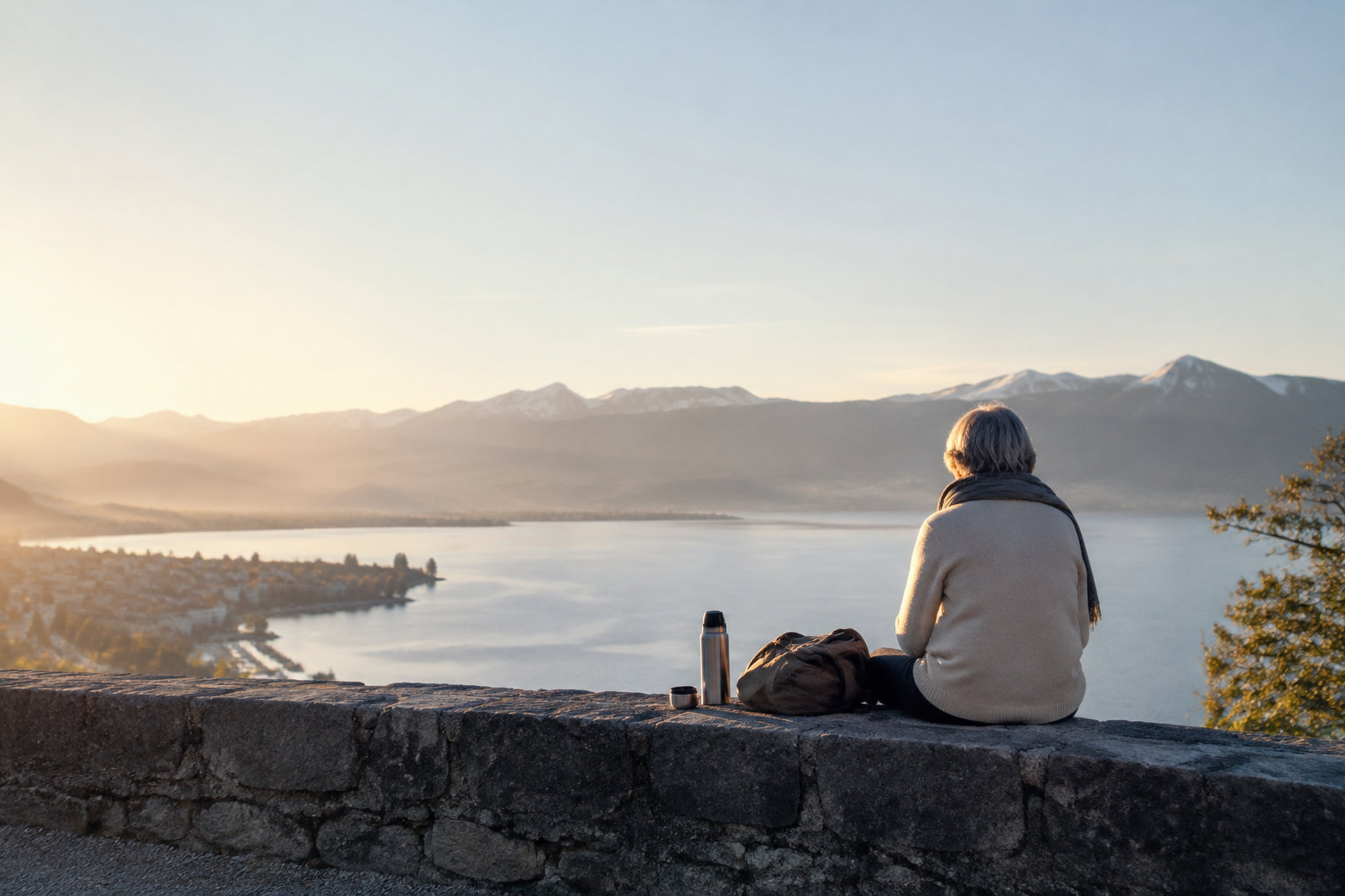 Une personne âgée assise sur un muret, contemplant un lac et des montagnes au soleil couchant.
