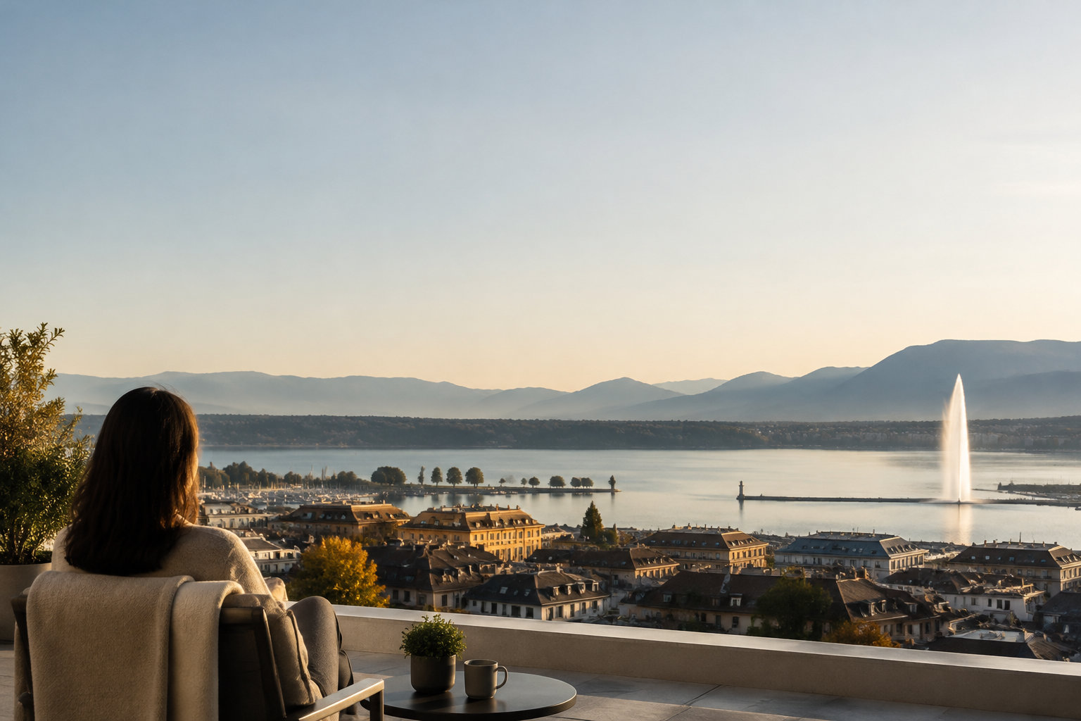 Une femme admirant la vue panoramique sur le jet d'eau de Genève et les Alpes depuis une terrasse ensoleillée.