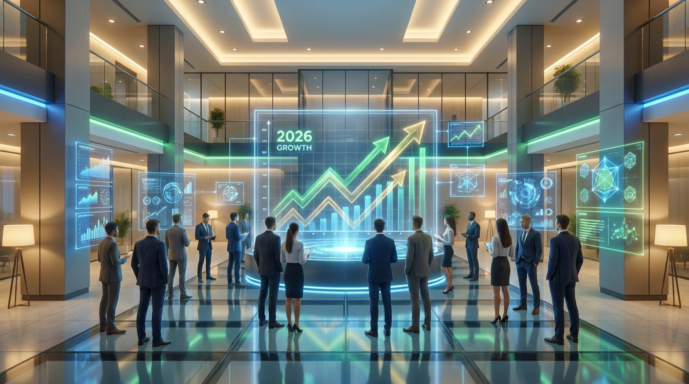 Professionnels observant des graphiques financiers holographiques de croissance dans un hall d'entreprise moderne.
