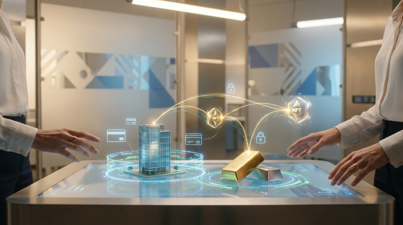 Hologramme interactif montrant un immeuble et des lingots d'or liés à des jetons NFT sur une table tactile.