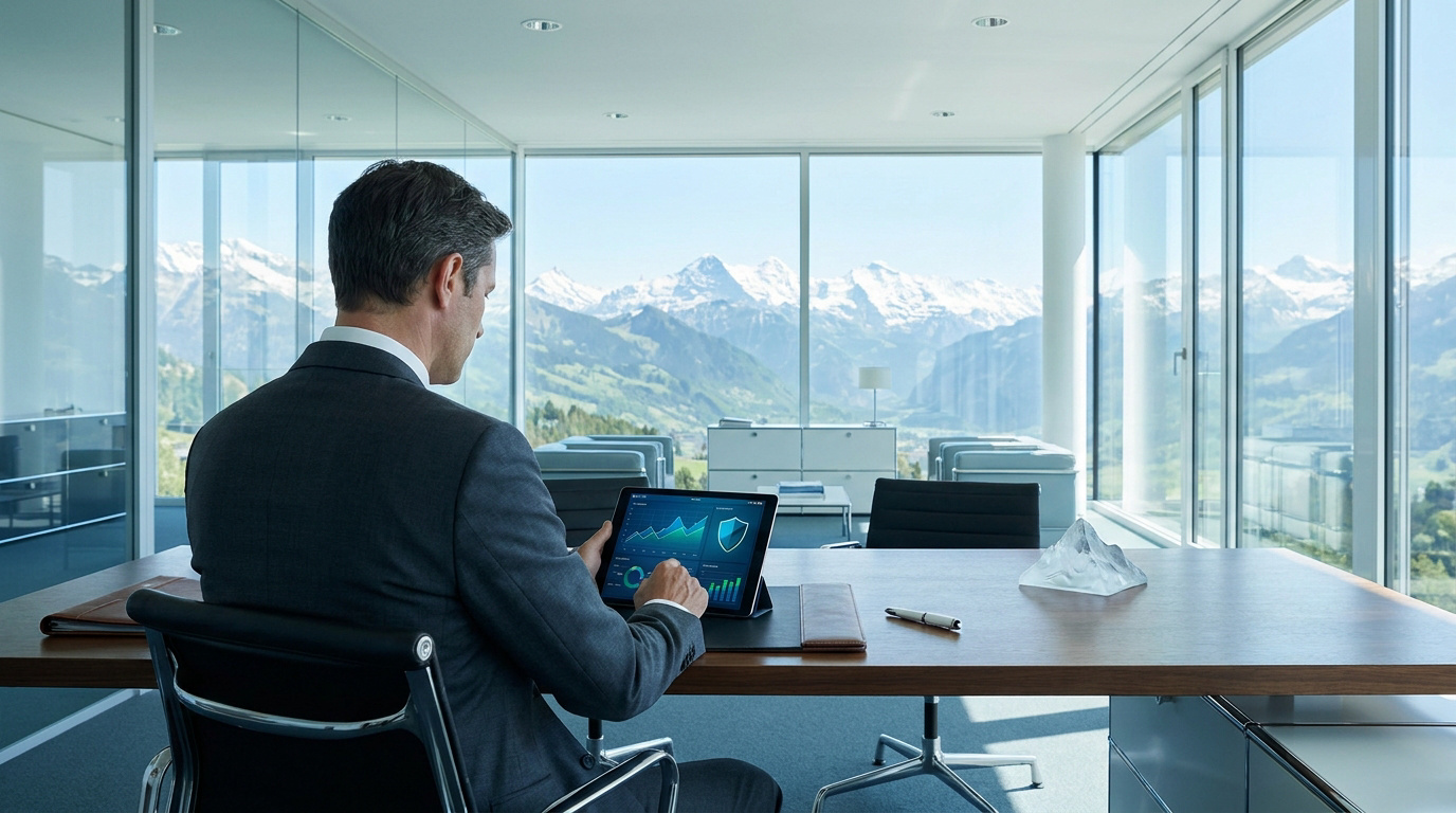 Homme d'affaires travaillant sur une tablette dans un bureau moderne avec une vue sur les Alpes suisses.