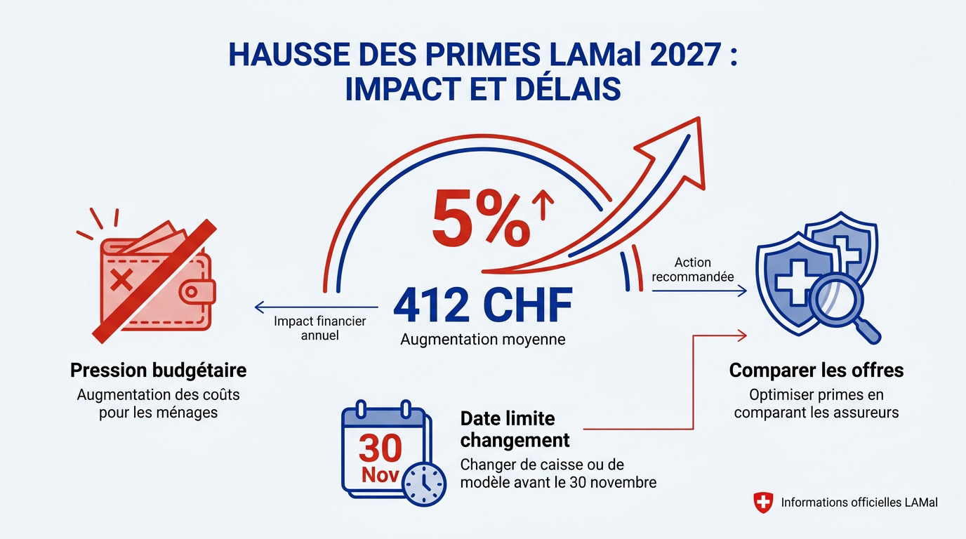 Graphique illustrant la hausse des primes LAMal 2027 et les échéances de résiliation pour les frontaliers