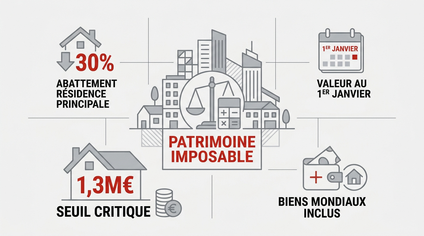 Infographie détaillant le calcul du patrimoine immobilier imposable à l'IFI