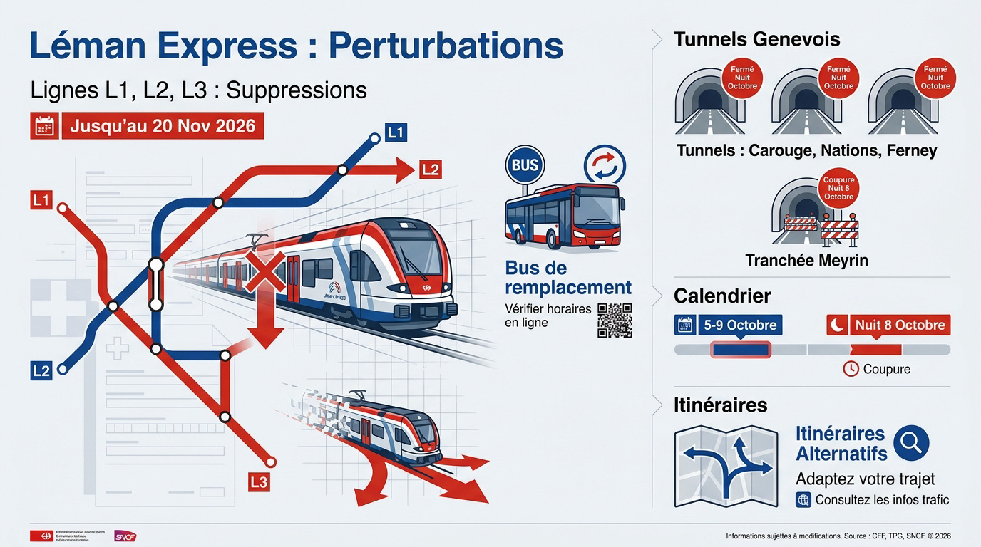 Train Léman Express en gare illustrant les perturbations de trafic en zone frontalière