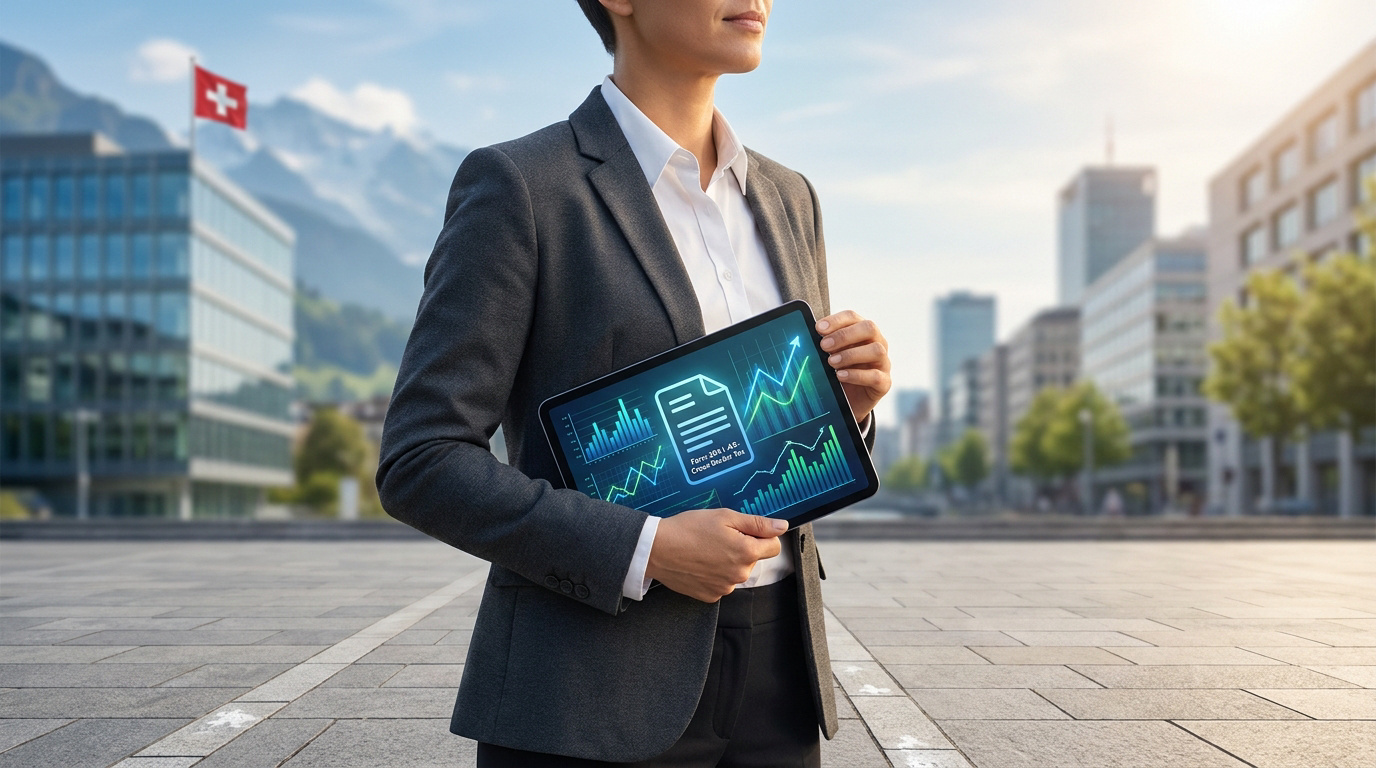 Professionnel en costume tenant une tablette affichant des graphiques financiers avec le drapeau suisse en arrière-plan.