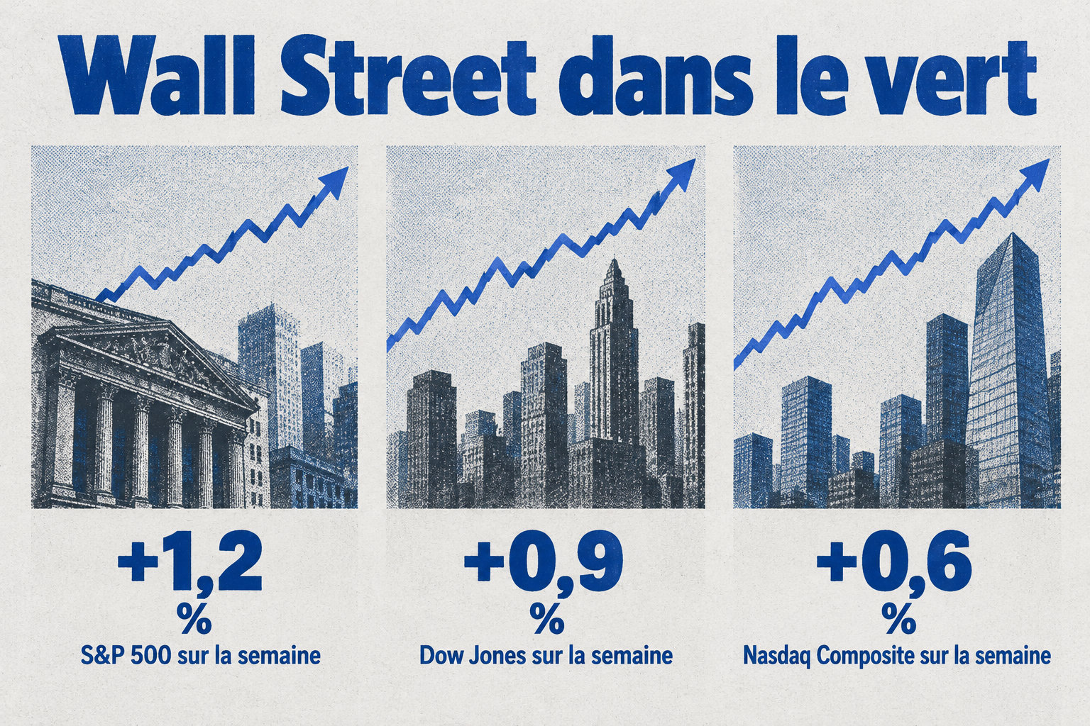 Sur la semaine, le S&P 500 gagne 1,2 %, le Dow Jones 0,9 % et le Nasdaq Composite 0,6 %.
