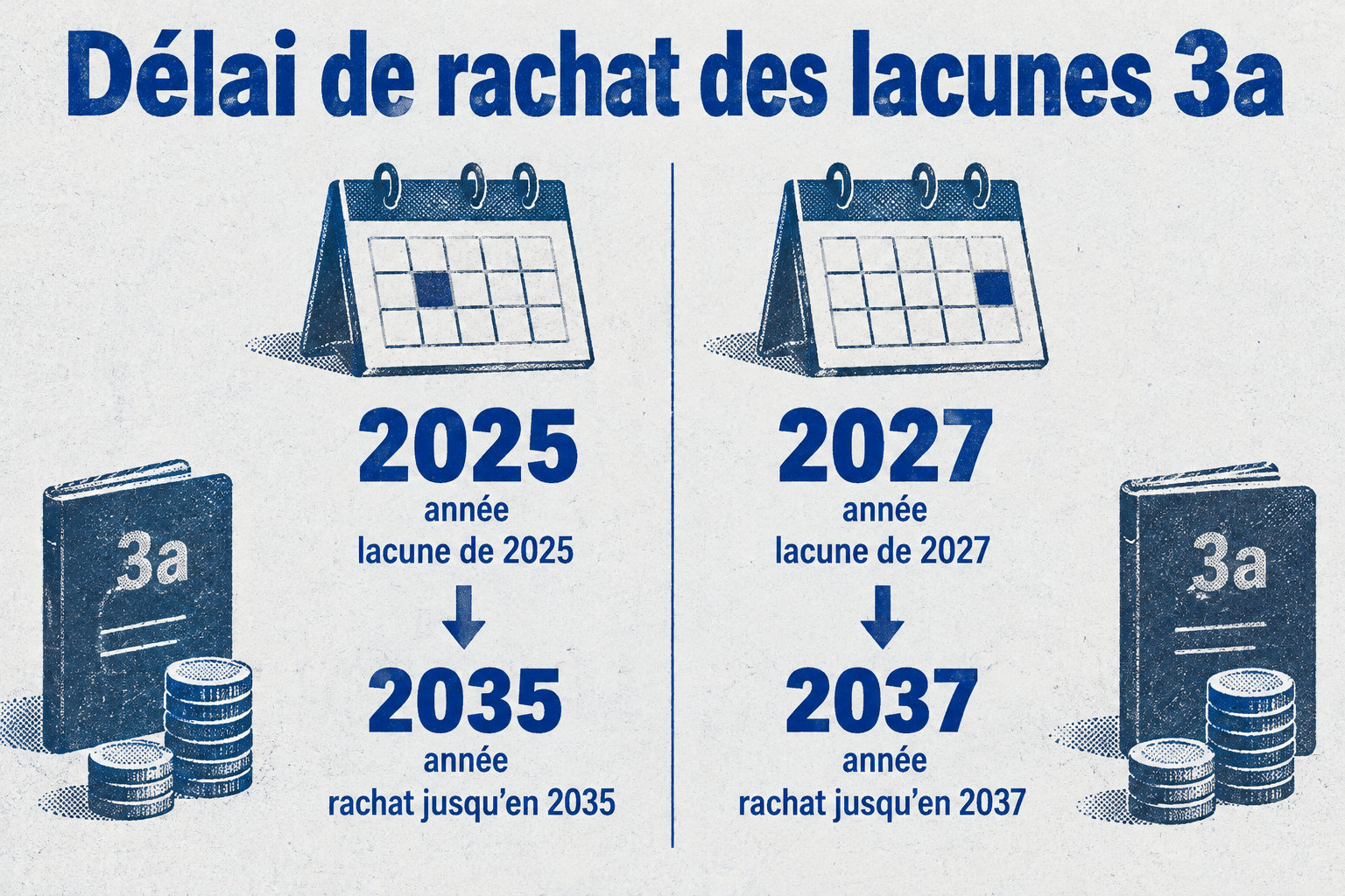 Une lacune 3a de 2025 peut être rachetée jusqu’en 2035, tandis qu’une lacune de 2027 peut l’être jusqu’en 2037.