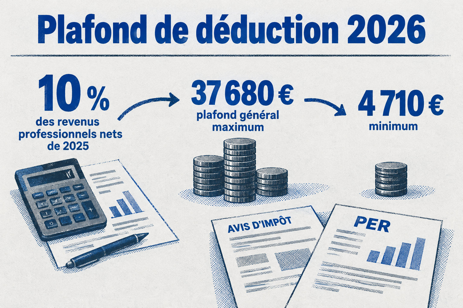 Le plafond de déduction 2026 correspond à 10 % des revenus professionnels nets de 2025, dans la limite de 37 680 €, avec un minimum de 4 710 €.