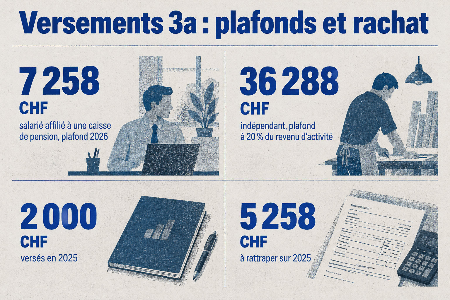 En 2026, le plafond 3a est de 7 258 CHF pour un salarié affilié à une caisse de pension et de 36 288 CHF pour un indépendant, limité à 20 % de son revenu d’activité ; après 2 000 CHF versés en 2025, 5 258 CHF restent à rattraper.