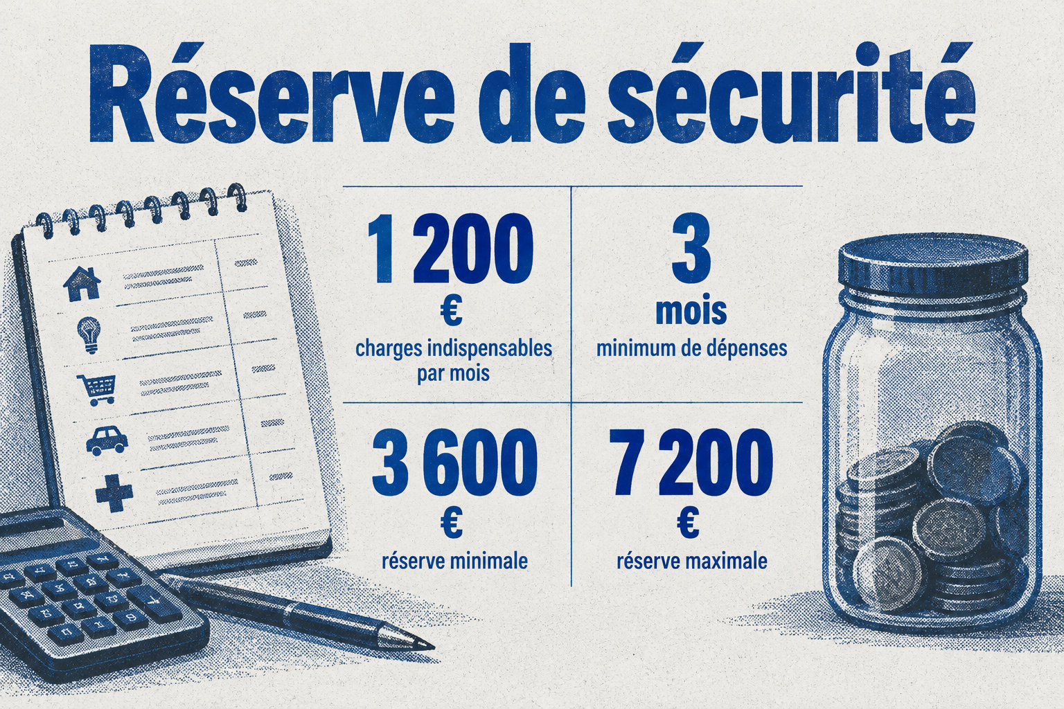 Avec 1 200 € de charges indispensables par mois, la réserve de sécurité recommandée va de 3 600 € à 7 200 €, soit trois à six mois de dépenses.