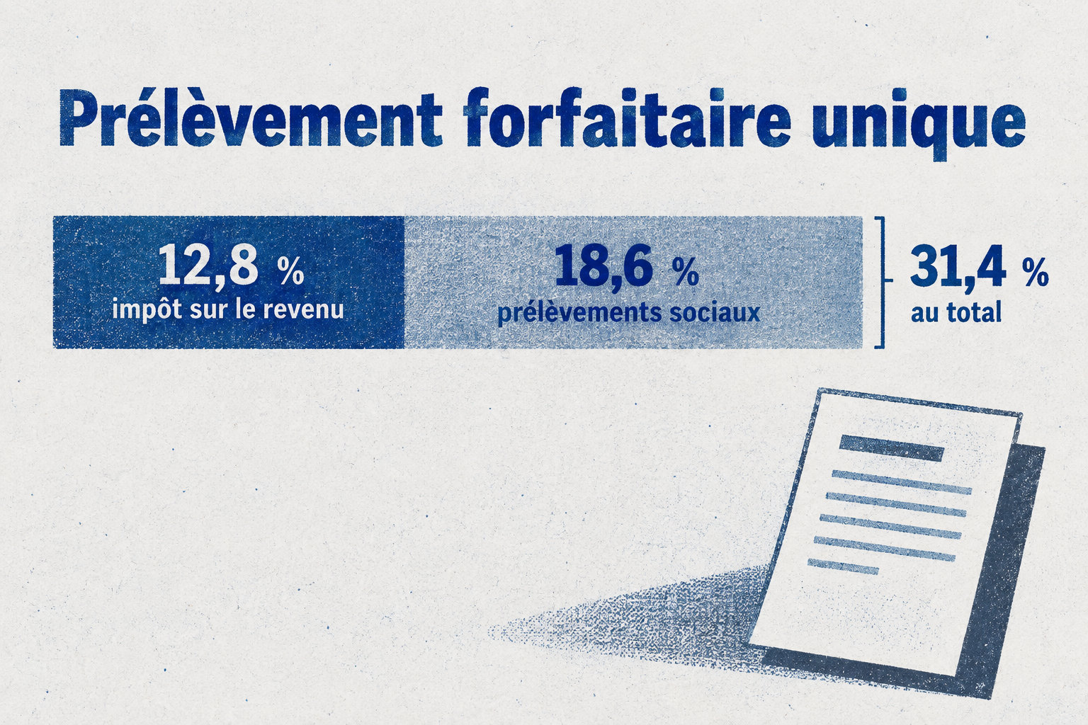 Le prélèvement forfaitaire unique totalise 31,4 %, répartis entre 12,8 % d’impôt sur le revenu et 18,6 % de prélèvements sociaux.